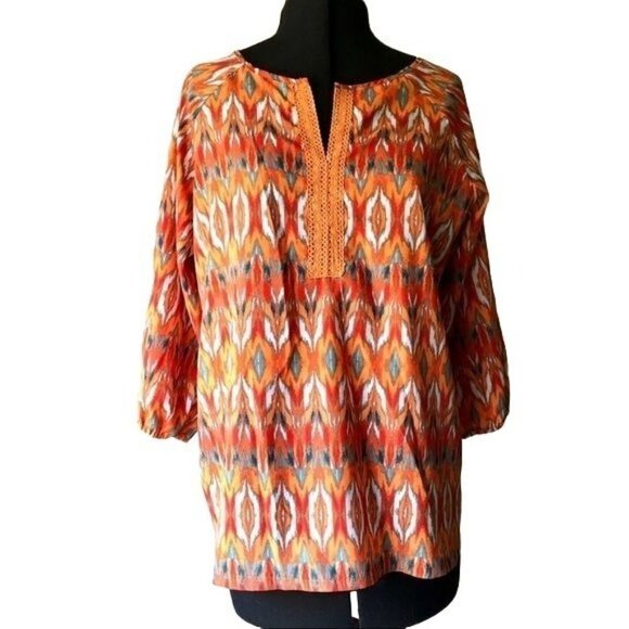 Boho Peasant Blouse Ikat Pattern Sz M - Picture 1 of 12